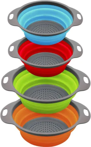 QiMH Collapsible Colander and Strainer Set of 4, 2 PC 4 Quart(1 gal) and 2 PC 2 Quart(0.5 gal), Food-grade Sturdy Plastic Base - Round Space-save Silicone Kitchen Foldable Strainer for Pasta, Veggies
