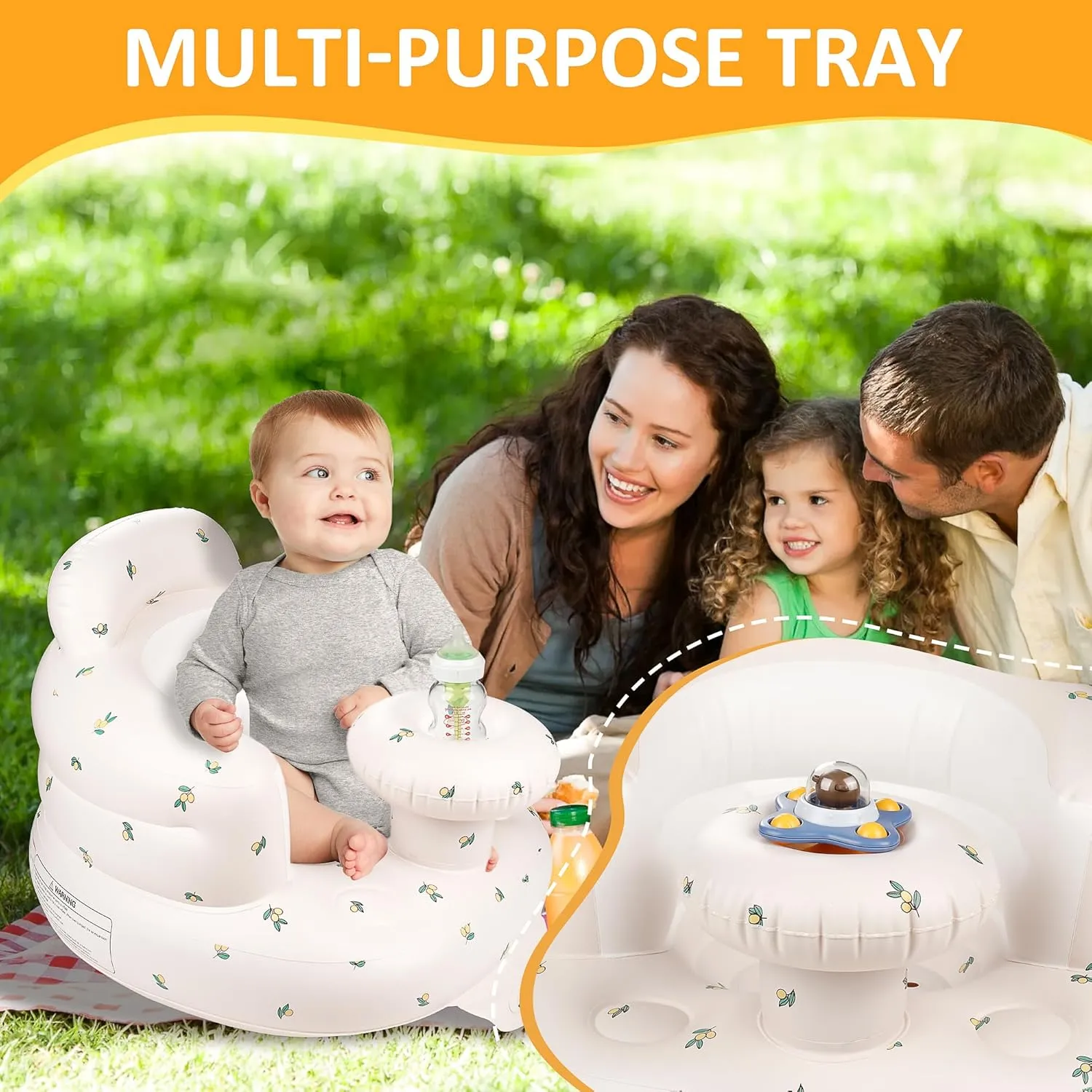 QMVESS Inflatable Baby Seat with Tray, Fully Supportive Infant Floor Seat, Baby Chairs for Entertaining, Built in Air Pump Blow Up, Learning Sit-Up Seat for Infants 3 Months & Up (Olive)