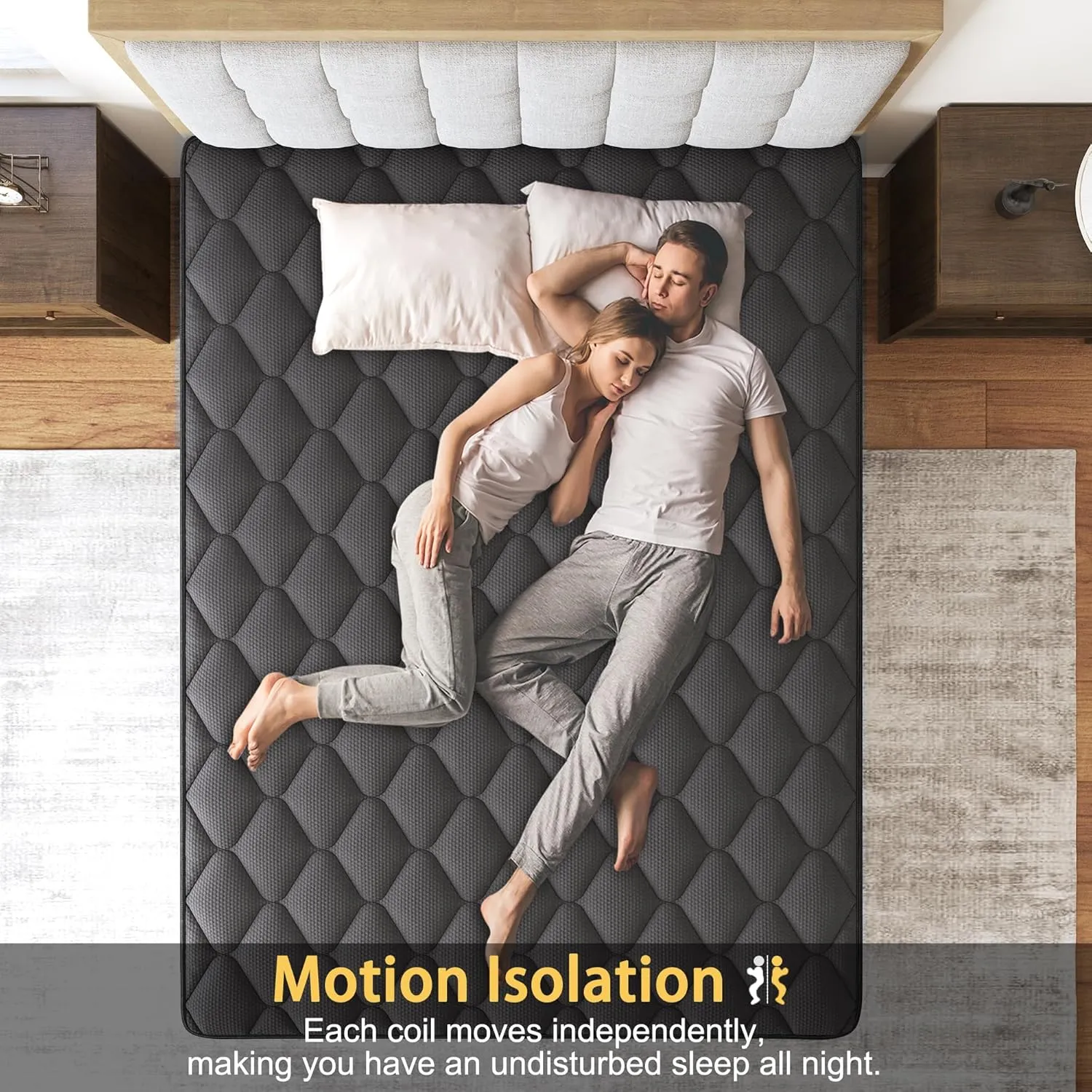 Queen Mattress, 12 Inch Hybrid Mattresses Black, Euro Top Medium Firm for Back & Lumbar Support, 100 Night Trial, Individual Pocket Spring for Motion Isolation & Pressure Relief