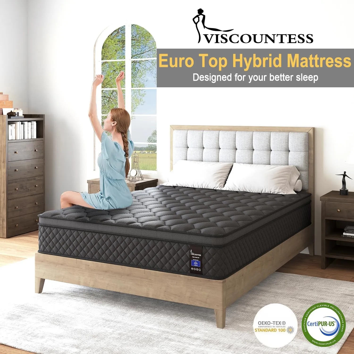 Queen Mattress, 12 Inch Hybrid Mattresses Black, Euro Top Medium Firm for Back & Lumbar Support, 100 Night Trial, Individual Pocket Spring for Motion Isolation & Pressure Relief