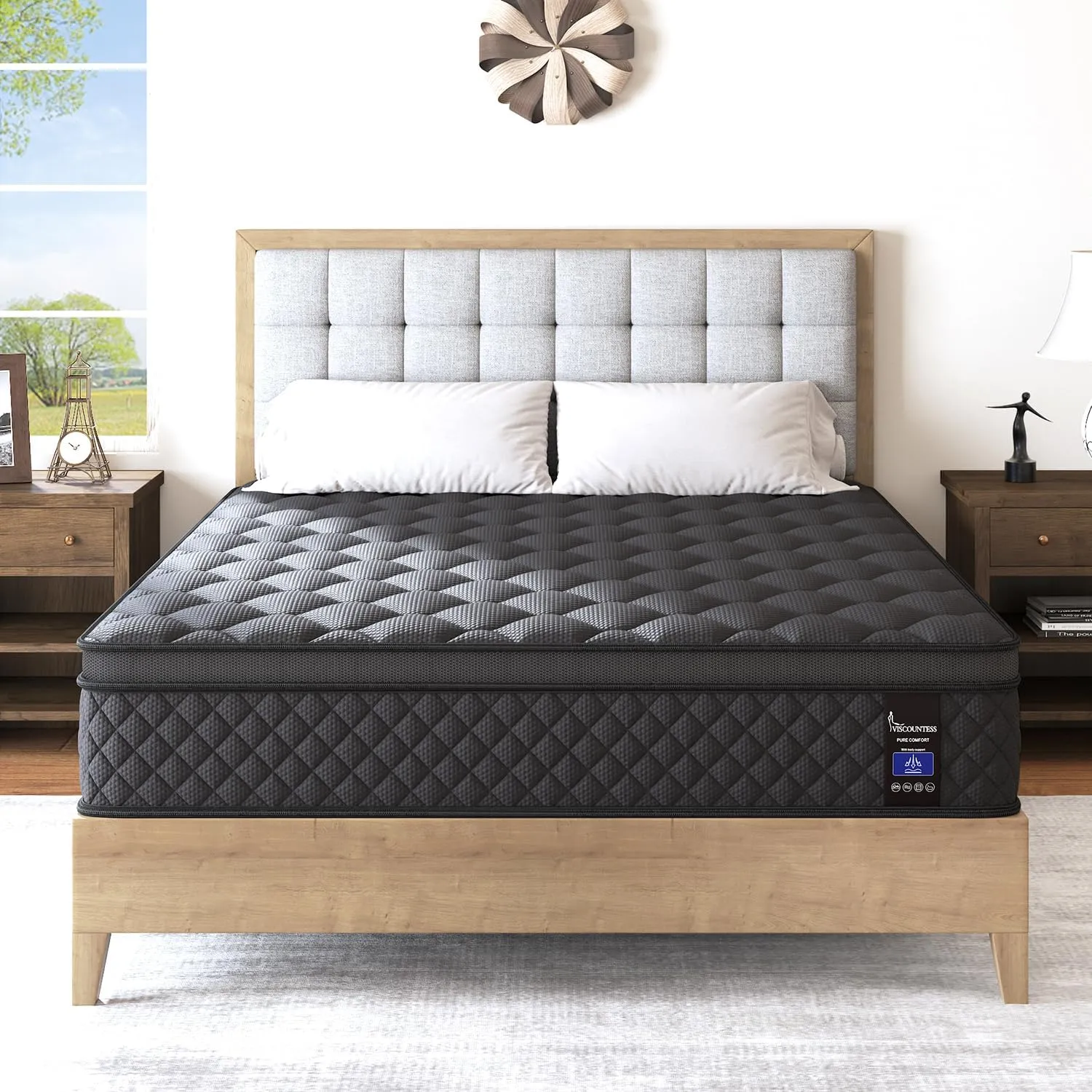 Queen Mattress, 12 Inch Hybrid Mattresses Black, Euro Top Medium Firm for Back & Lumbar Support, 100 Night Trial, Individual Pocket Spring for Motion Isolation & Pressure Relief