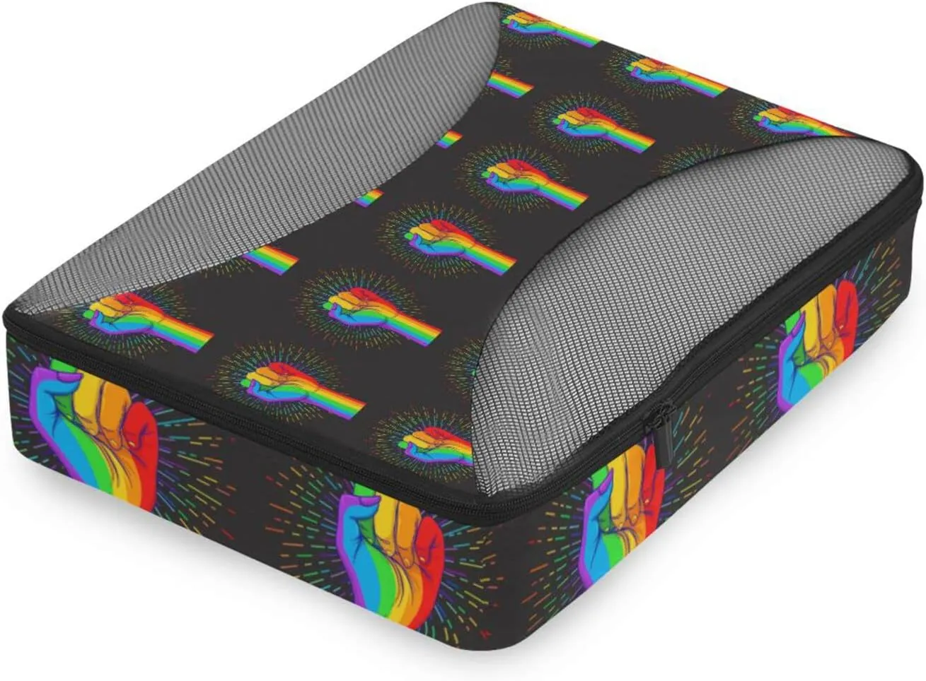 Rainbow Fist Raised on Black 4 PCs Set Packing Bags, Luggage Organizer Bag, Portable Cube Toiletry bag, Durable Travel Cosmetic Storage Bag for Men Women