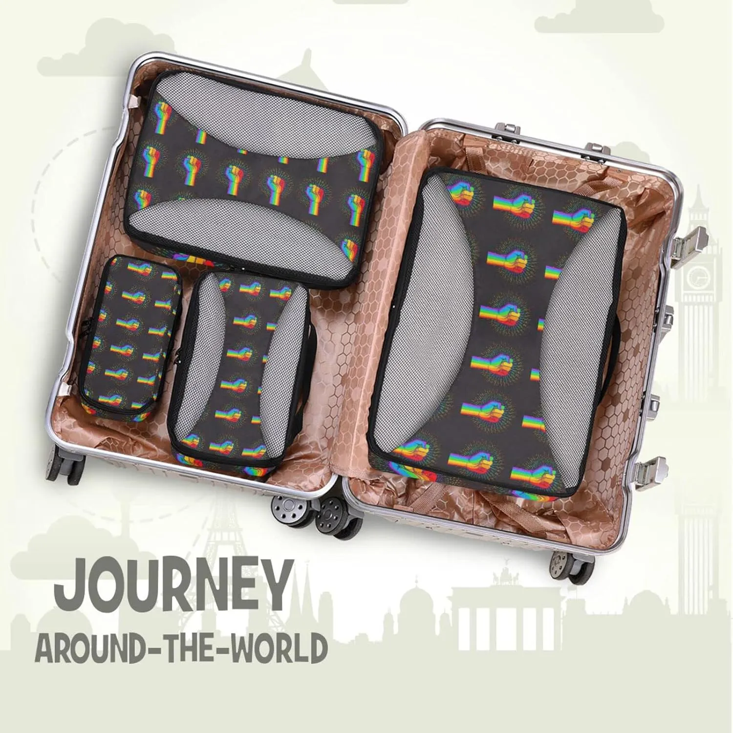 Rainbow Fist Raised on Black 4 PCs Set Packing Bags, Luggage Organizer Bag, Portable Cube Toiletry bag, Durable Travel Cosmetic Storage Bag for Men Women
