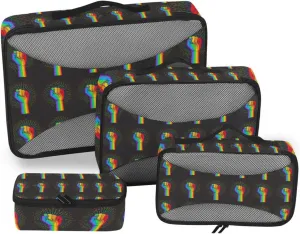 Rainbow Fist Raised on Black 4 PCs Set Packing Bags, Luggage Organizer Bag, Portable Cube Toiletry bag, Durable Travel Cosmetic Storage Bag for Men Women