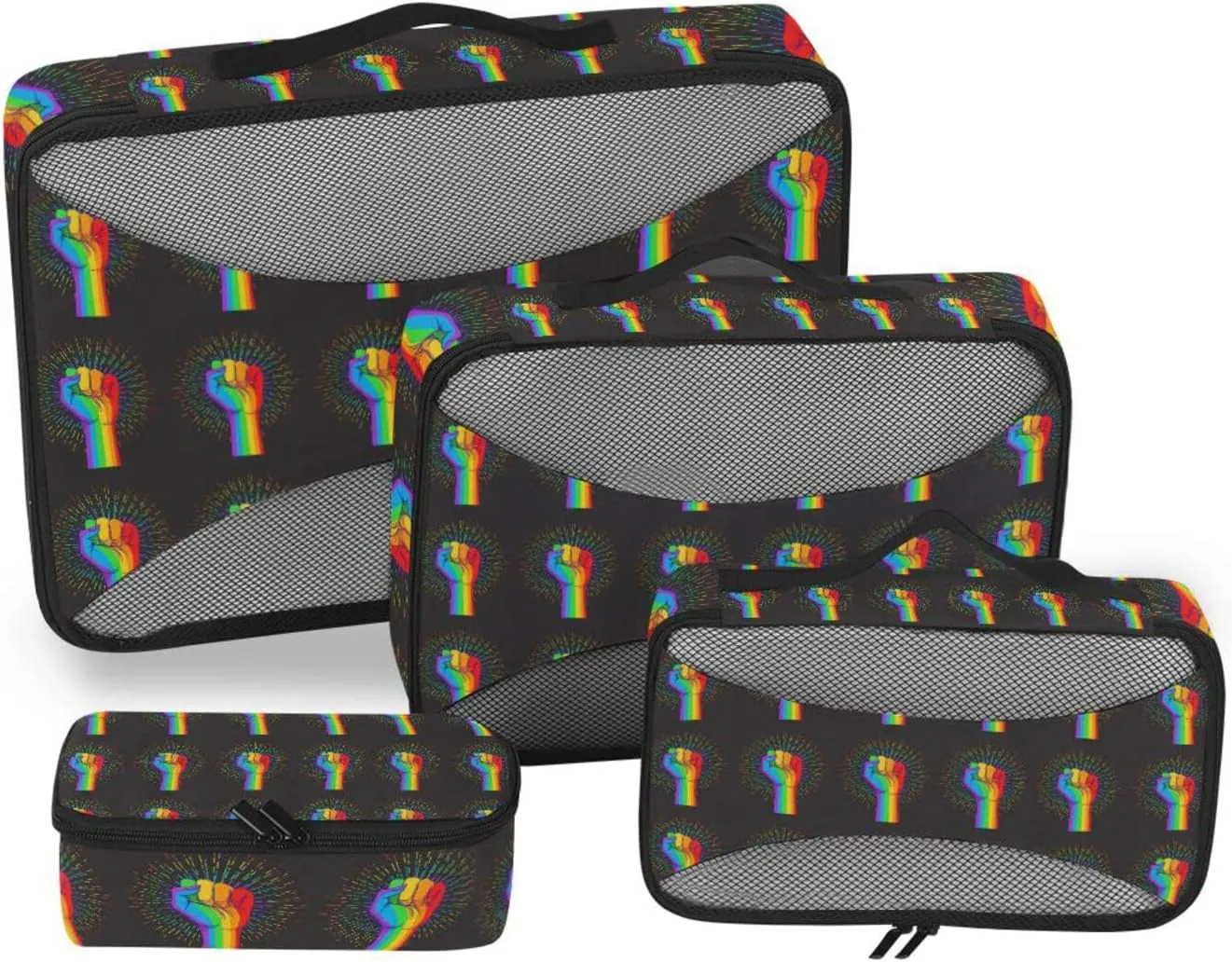 Rainbow Fist Raised on Black 4 PCs Set Packing Bags, Luggage Organizer Bag, Portable Cube Toiletry bag, Durable Travel Cosmetic Storage Bag for Men Women