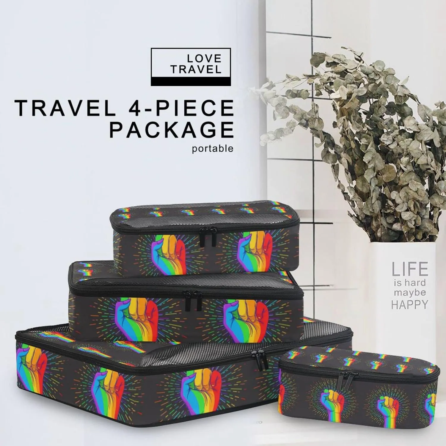 Rainbow Fist Raised on Black 4 PCs Set Packing Bags, Luggage Organizer Bag, Portable Cube Toiletry bag, Durable Travel Cosmetic Storage Bag for Men Women