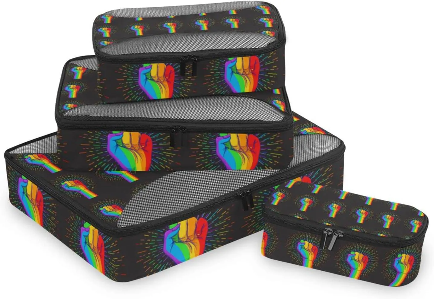 Rainbow Fist Raised on Black 4 PCs Set Packing Bags, Luggage Organizer Bag, Portable Cube Toiletry bag, Durable Travel Cosmetic Storage Bag for Men Women