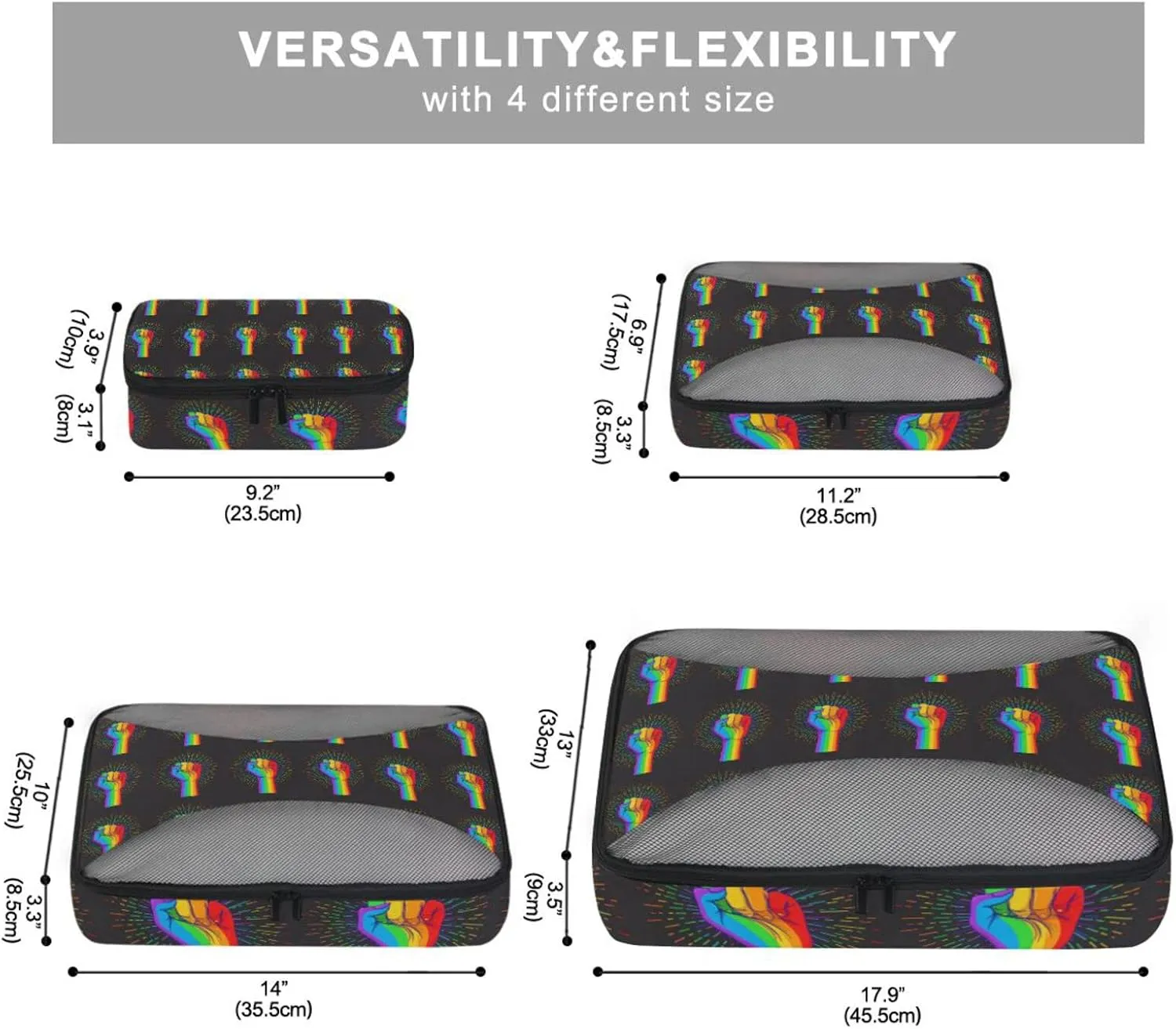 Rainbow Fist Raised on Black 4 PCs Set Packing Bags, Luggage Organizer Bag, Portable Cube Toiletry bag, Durable Travel Cosmetic Storage Bag for Men Women