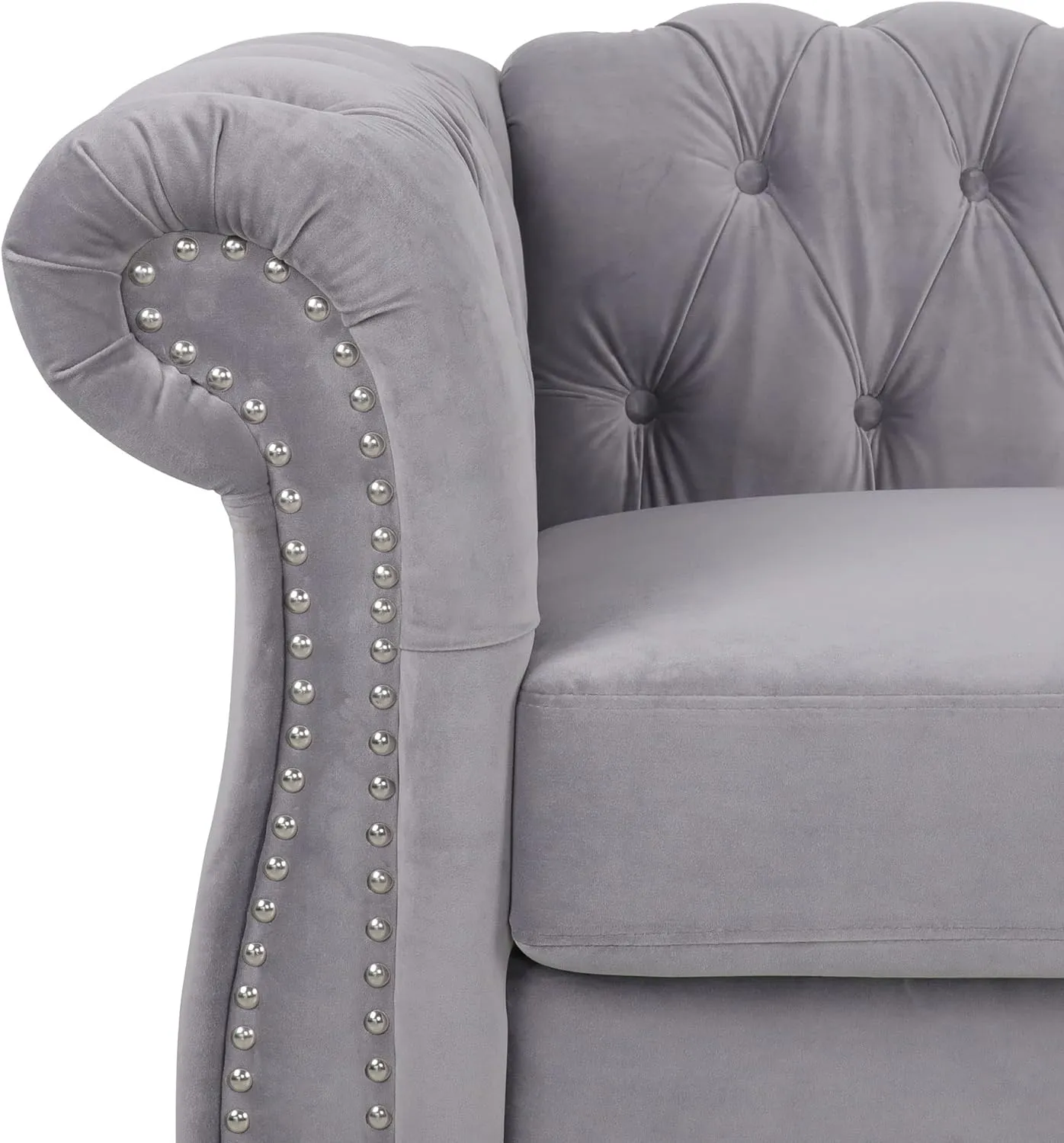 RARZOE 3 Pieces of Living Room Furniture Sofa Sets, Modern Velvet Chesterfield Sofa&Chesterfield Club Chair&Chesterfield Loveseat Sofas Set with Nailhead Trim Scroll Arms for Living Room(Grey)