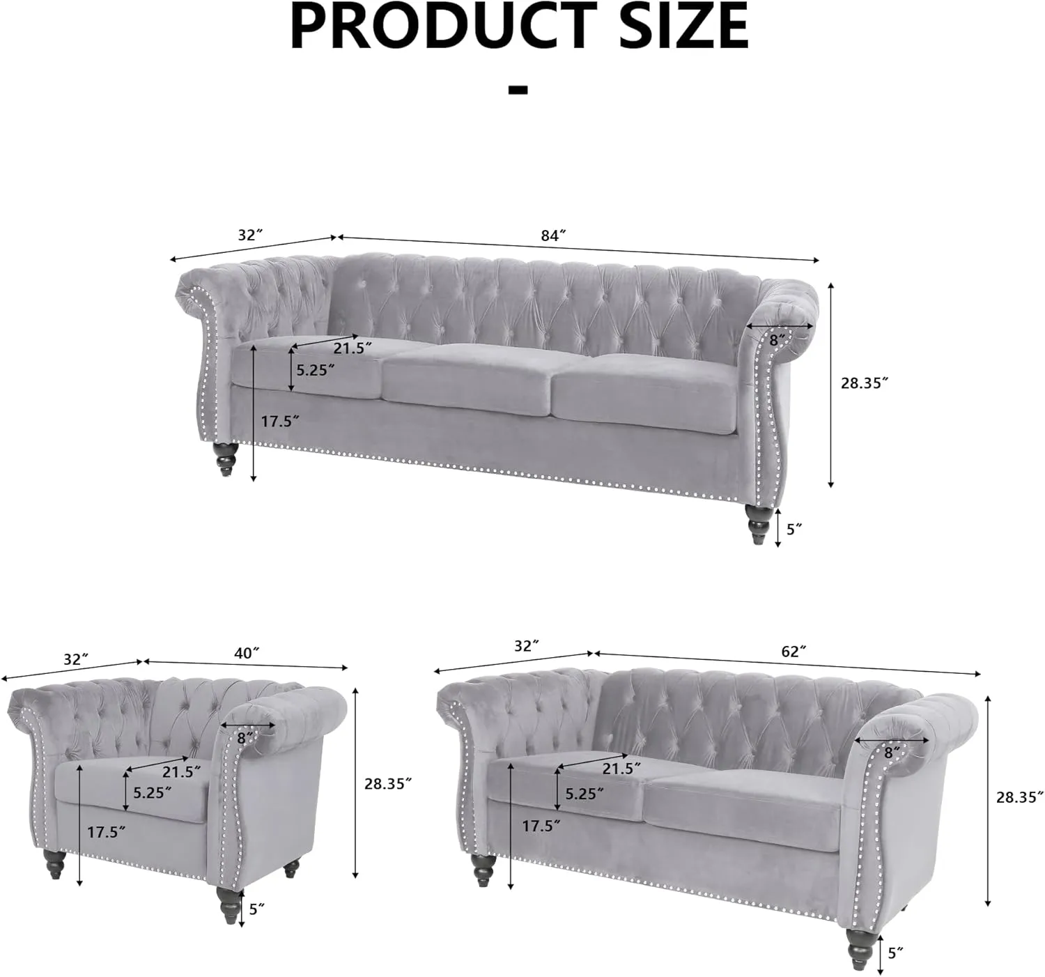 RARZOE 3 Pieces of Living Room Furniture Sofa Sets, Modern Velvet Chesterfield Sofa&Chesterfield Club Chair&Chesterfield Loveseat Sofas Set with Nailhead Trim Scroll Arms for Living Room(Grey)