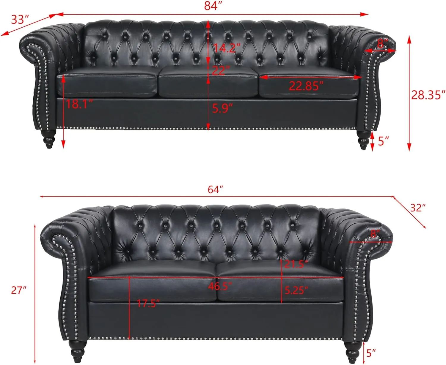 RARZOE Modern 2 Pieces Living Room Sofa Set, Contemporary Tufted Button Faux Leather Three-Seater Couch and Chesterfield Loveseat with Nailhead Trim Scroll Arms for Home Furniture (Black)