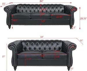 RARZOE Modern 2 Pieces Living Room Sofa Set, Contemporary Tufted Button Faux Leather Three-Seater Couch and Chesterfield Loveseat with Nailhead Trim Scroll Arms for Home Furniture (Black)