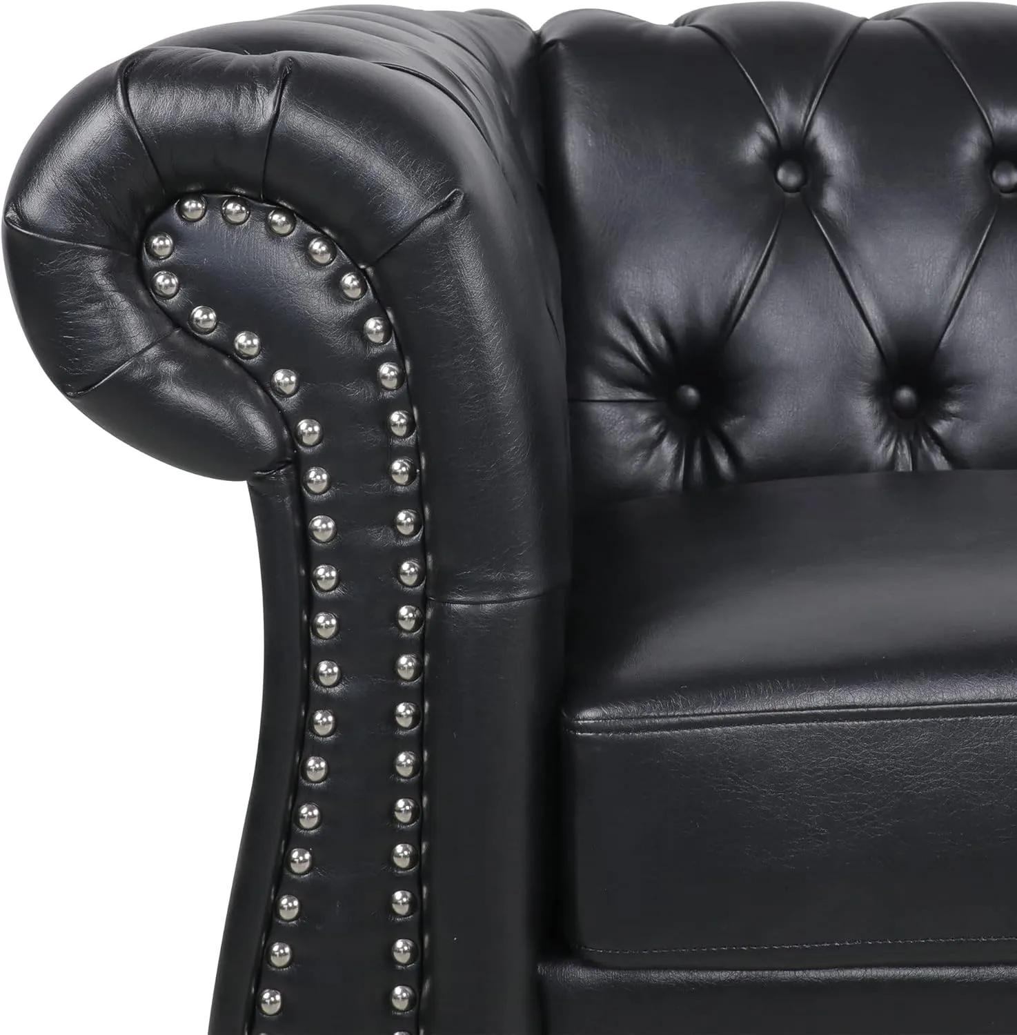 RARZOE Modern 2 Pieces Living Room Sofa Set, Contemporary Tufted Button Faux Leather Three-Seater Couch and Chesterfield Loveseat with Nailhead Trim Scroll Arms for Home Furniture (Black)
