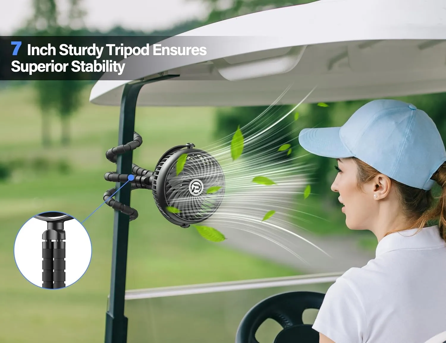 Rechargeable Golf Cart Fan Compatible with EZGO Club Car Yamaha Clip on Fan with Flexible Tripod, 360° Rotatable, 20Hrs Work, 3 Speed Battery Operated for Golf Cart Golf Palyer Summer Essential