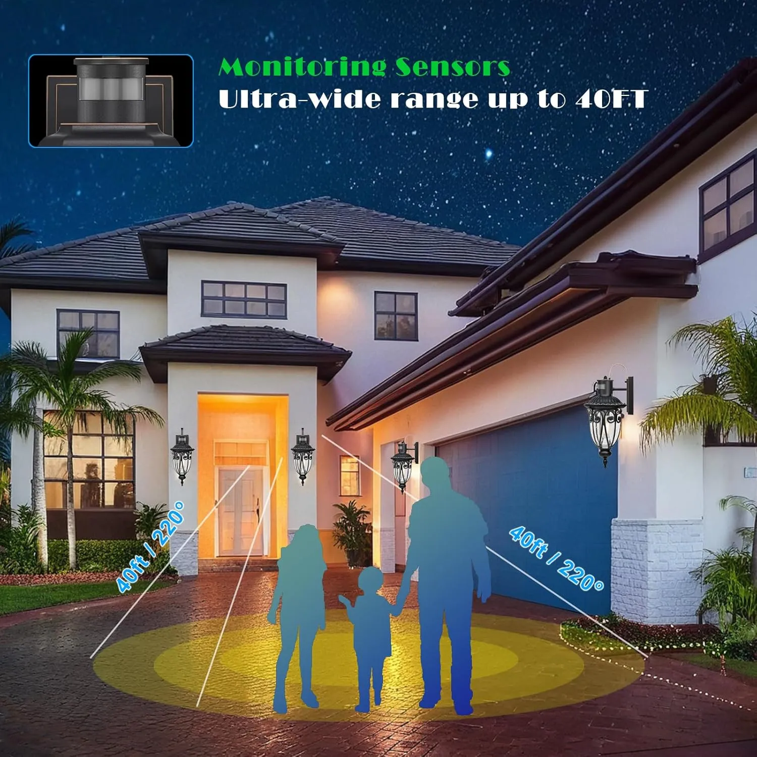 Refice Motion Sensor Outdoor Lights, Upgraded Dusk-to-Dawn Wall Mount Fixtures, Motion Sensor Wall Lights for House Porch Garage, Black Exterior Wall Lantern Sconces with Clear Glass（2-Light）