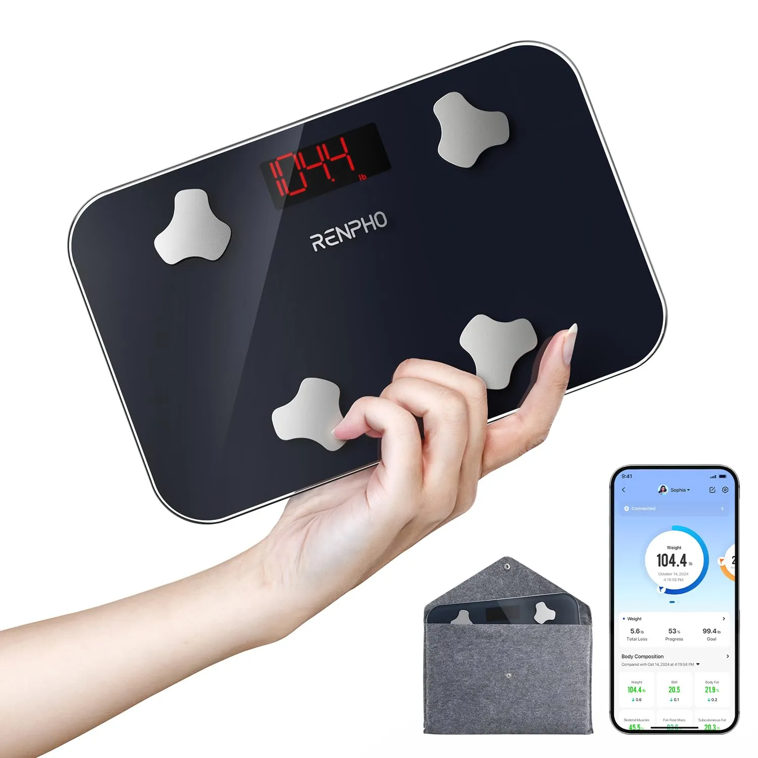 RENPHO Travel Scale for Body Weight, Mini Bathroom Scale for Body Fat, Portable Weight Scale for Traveling with Storage Case, 13 Body Composition Analyzer with App, 400 lbs, Elis Go, 11.02" x 7.09"