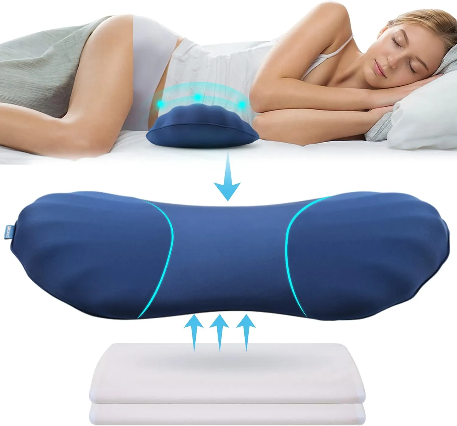 RESTCLOUD Adjustable Lumbar Support Pillow for Sleeping Memory Foam Back Support Pillow for Lower Back Pain Relief and Sleeping, Lumbar Support Pillow for Bed and Chair with 2 Insert Pads
