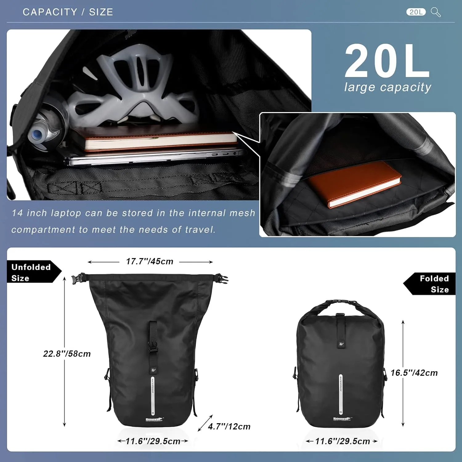 Rhinowalk Bike Pannier Bag 20L Bicycle Rear Rack Bag Laptop Storage Bag Backpack Shoulder Bag with Rain Cover