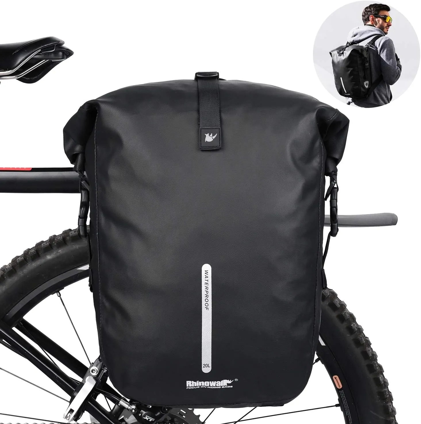 Rhinowalk Bike Pannier Bag 20L Bicycle Rear Rack Bag Laptop Storage Bag Backpack Shoulder Bag with Rain Cover
