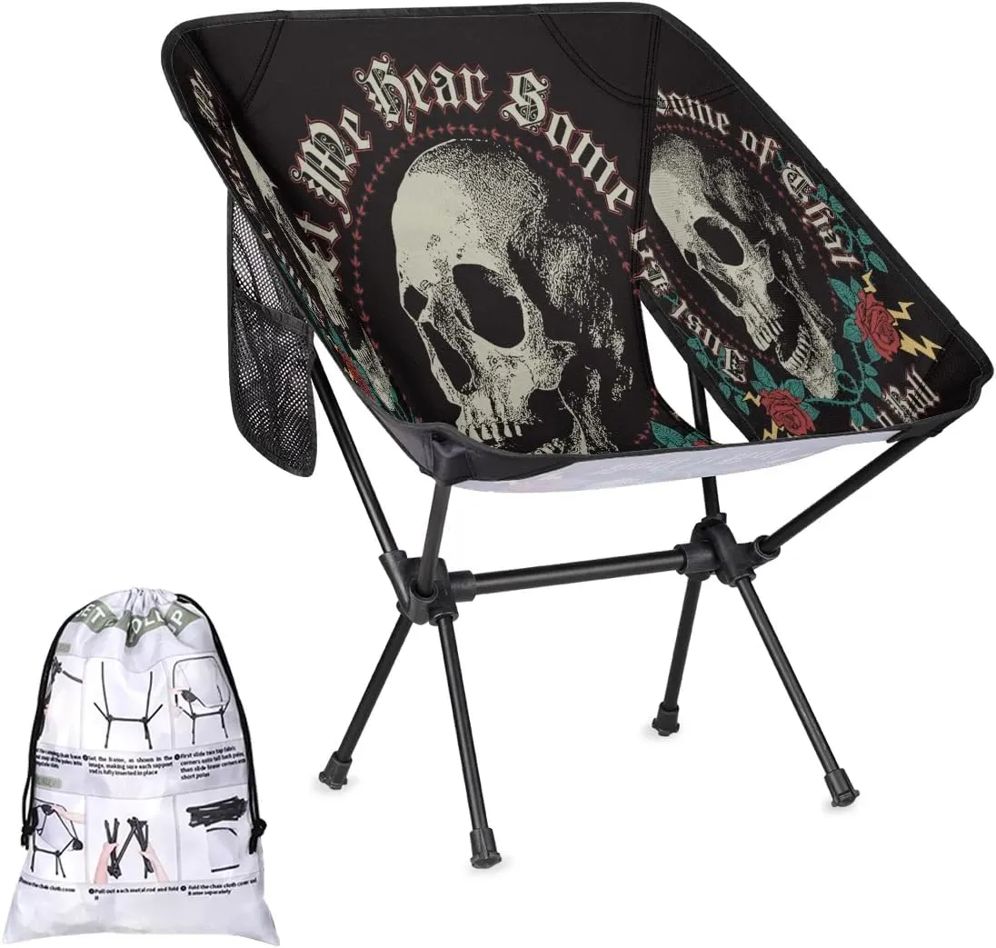 Rock in Roll Skull Roses Camping Chair Lightweight Portable Folding Camp Chairs for Adults Easy Installation for Camping Fishing Hiking Picnic Travel Festival Supports 176lbs