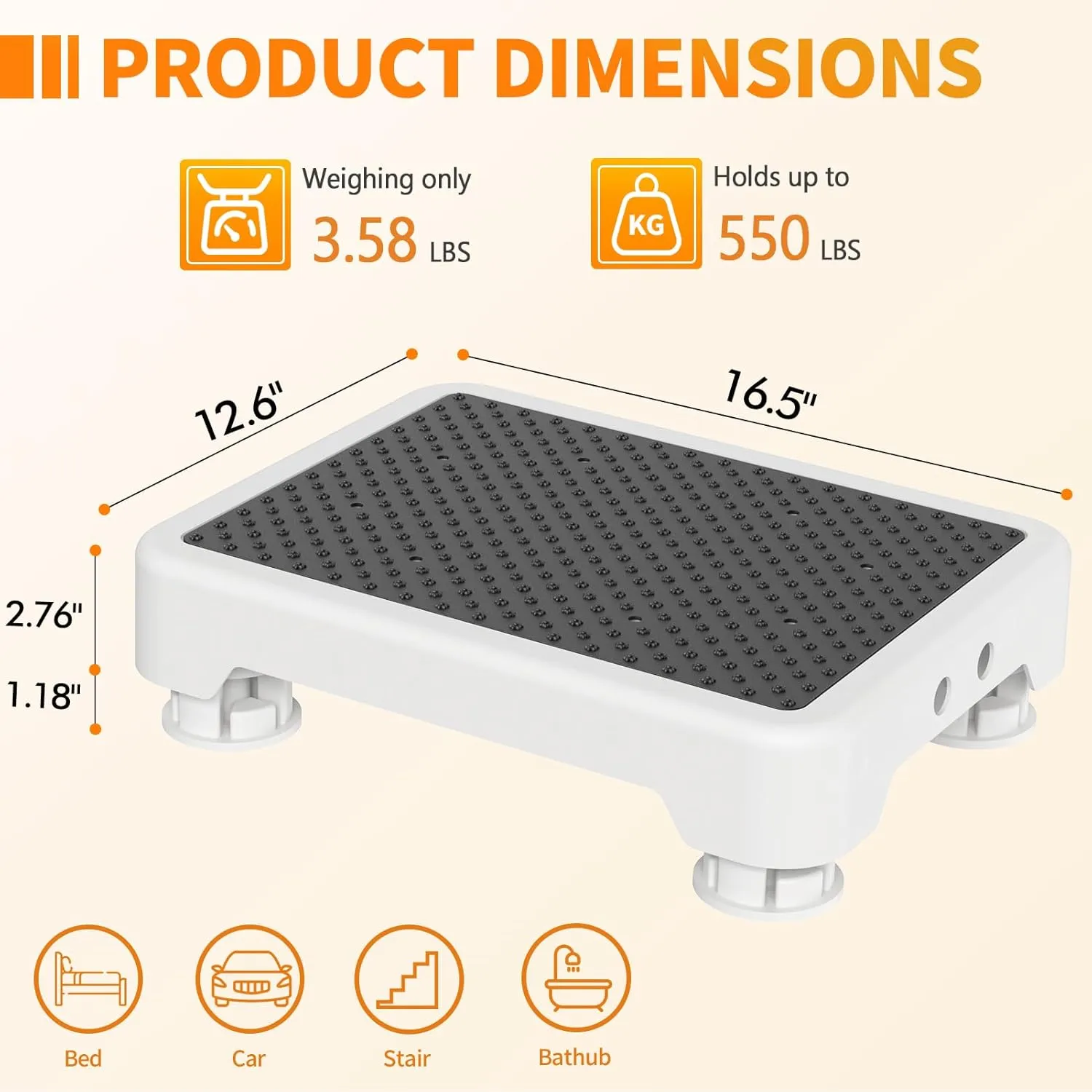Ronlap One Step Stools for Adults, Portable Safety Step Platform for Seniors Small Plastic Bedside Step Stool Mobility Wide Step Stools Elderly Assistance for Shower Bed Car Stair Outdoor, White-Black