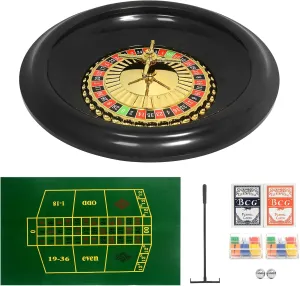 Roulette Wheel Game Set Casino Game Set with 120 Chips, 2 Pairs of Poker,Game Double-Edged Table Mat,Roulette Wheel,Rake,Roulette Balls for Roulette & Texas Hold'em (16 Inch)