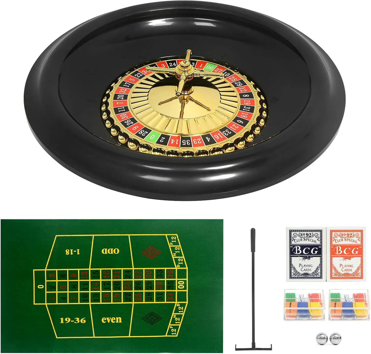 Roulette Wheel Game Set Casino Game Set with 120 Chips, 2 Pairs of Poker,Game Double-Edged Table Mat,Roulette Wheel,Rake,Roulette Balls for Roulette & Texas Hold'em (16 Inch)