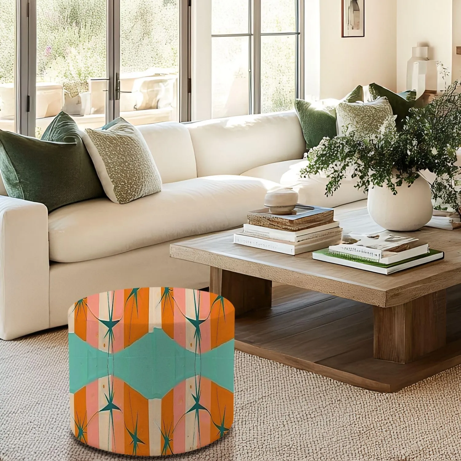 Round Pouf Ottoman 50s Mid Century Modern Seamless Pattern Foot Stool Foot Rest Floor Stool Bean Bag Chair Cotton Linen Removable Indoor Outdoor for Living Room Bedroom