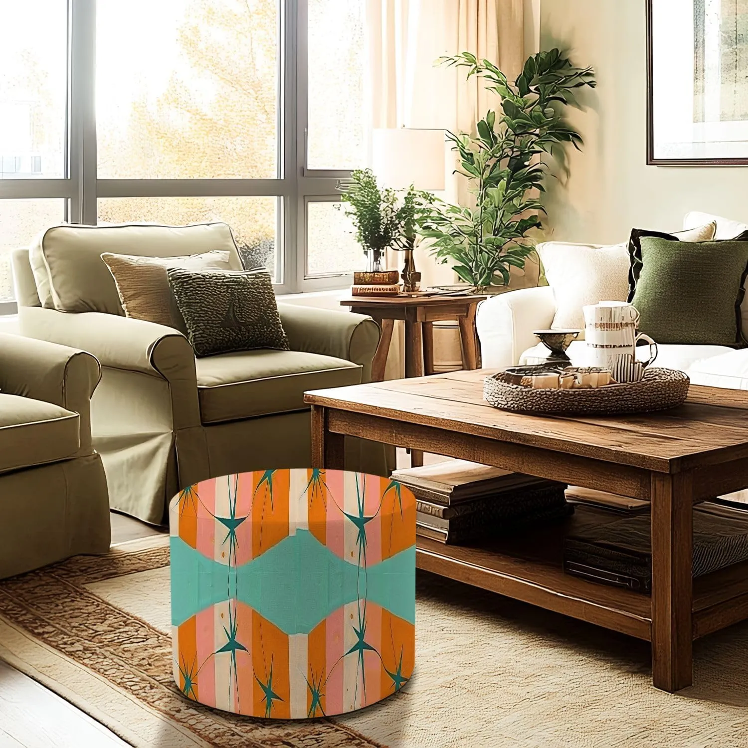 Round Pouf Ottoman 50s Mid Century Modern Seamless Pattern Foot Stool Foot Rest Floor Stool Bean Bag Chair Cotton Linen Removable Indoor Outdoor for Living Room Bedroom