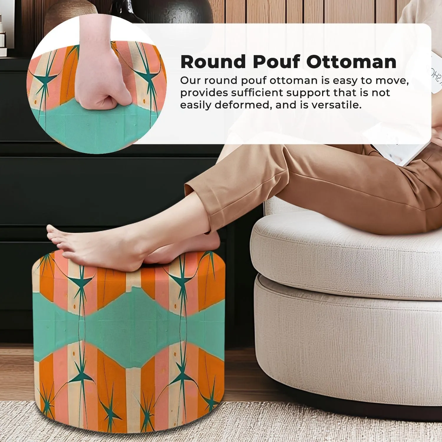 Round Pouf Ottoman 50s Mid Century Modern Seamless Pattern Foot Stool Foot Rest Floor Stool Bean Bag Chair Cotton Linen Removable Indoor Outdoor for Living Room Bedroom