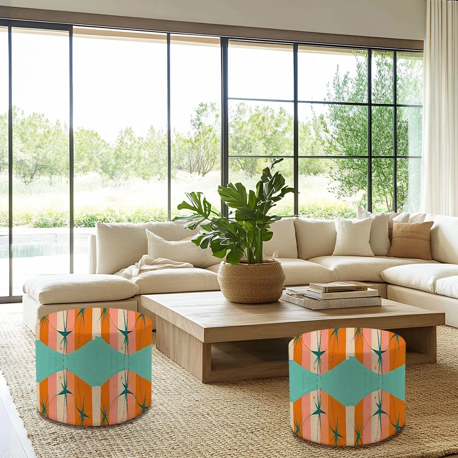 Round Pouf Ottoman 50s Mid Century Modern Seamless Pattern Foot Stool Foot Rest Floor Stool Bean Bag Chair Cotton Linen Removable Indoor Outdoor for Living Room Bedroom