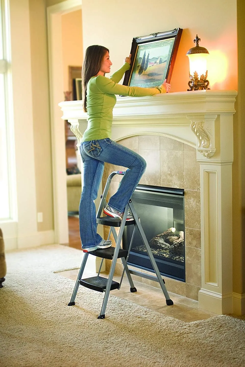 Rubbermaid 3-Step Steel Ladder,Folding Step Stool with Hand Grip and Non-Slip Feet, Silver, Tested to ANSI US Safety Standards, No Assembly Required