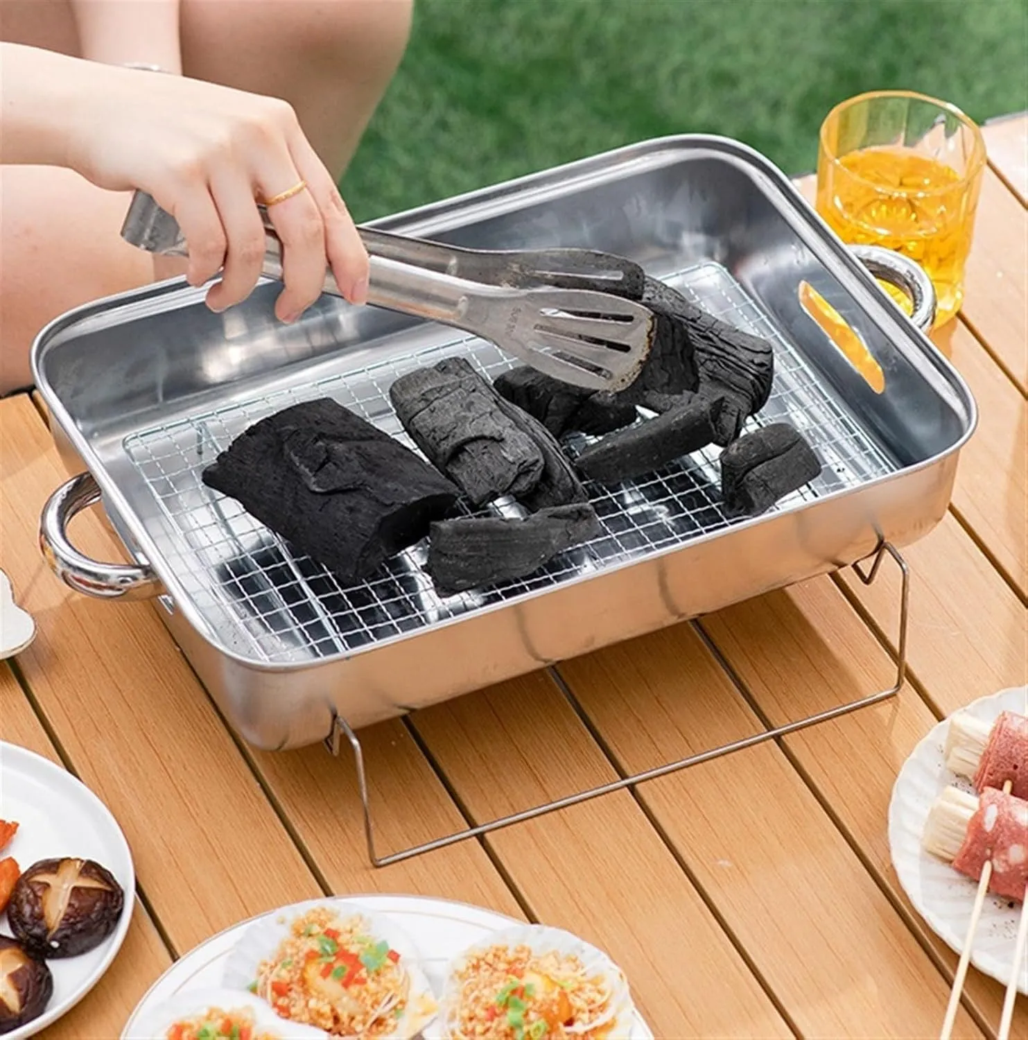 RUVOO BBQ Grill Stainless Steel Barbecue Charcoal Grill Desktop for Camping Outdoor Hiking