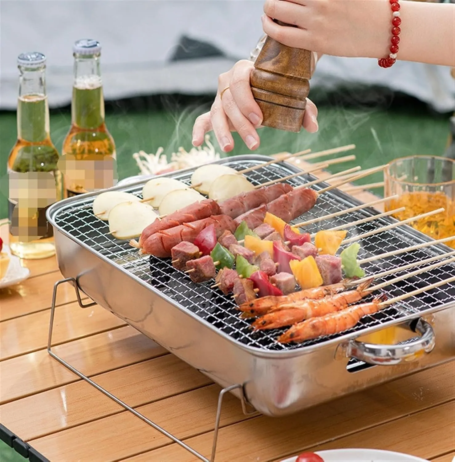 RUVOO BBQ Grill Stainless Steel Barbecue Charcoal Grill Desktop for Camping Outdoor Hiking