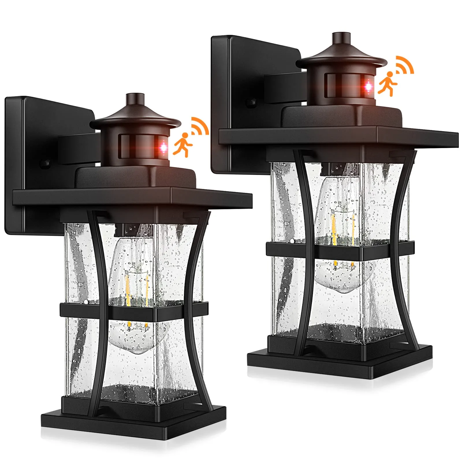 Rynx | 2 Pack Motion Sensor Outdoor Wall Lamps - Upgrade dusk to dawn porch lighting, LED outdoor lantern fixture wall lamp, waterproof outdoor light for home, black anti-rust lamp for garage entrance