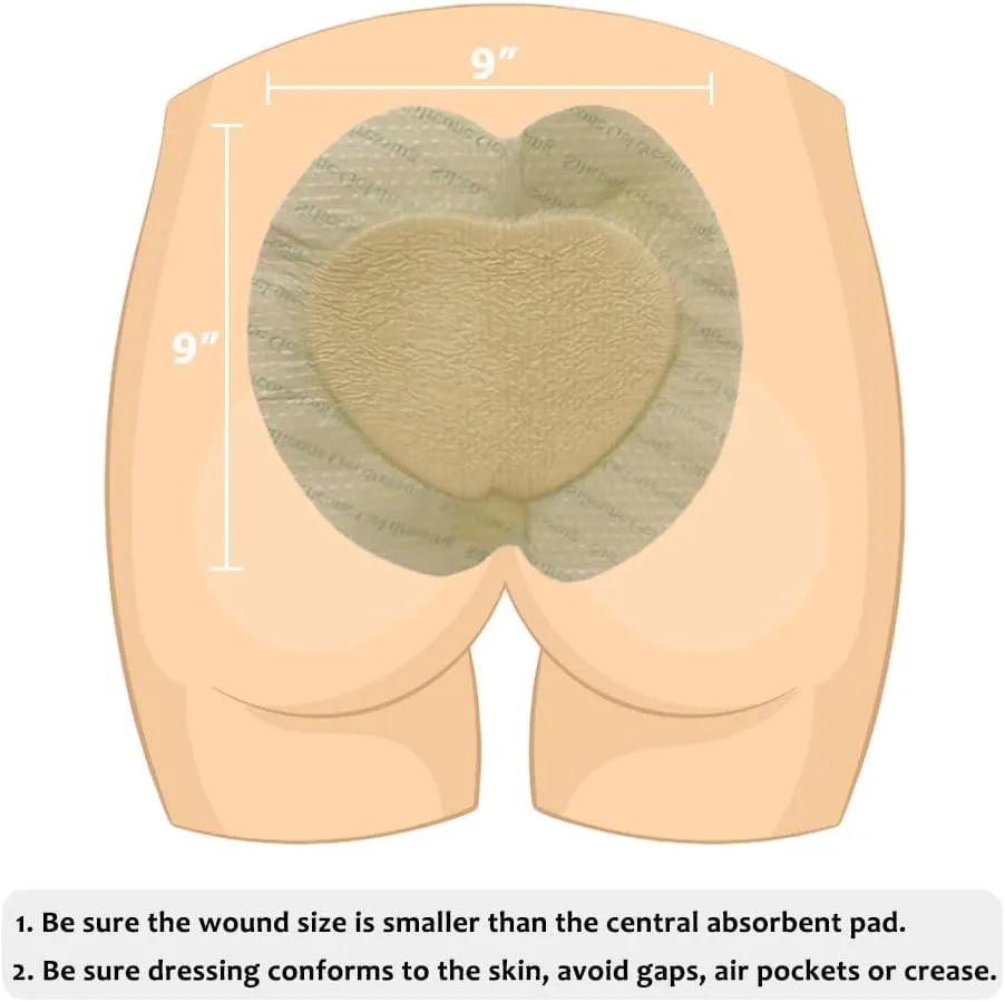 Sacral Foam Wound Dressing - Pressure Adhesive Pad for Elderly Bedridden, Sterile Individual Packaging, 3 Pcs (9"x9")