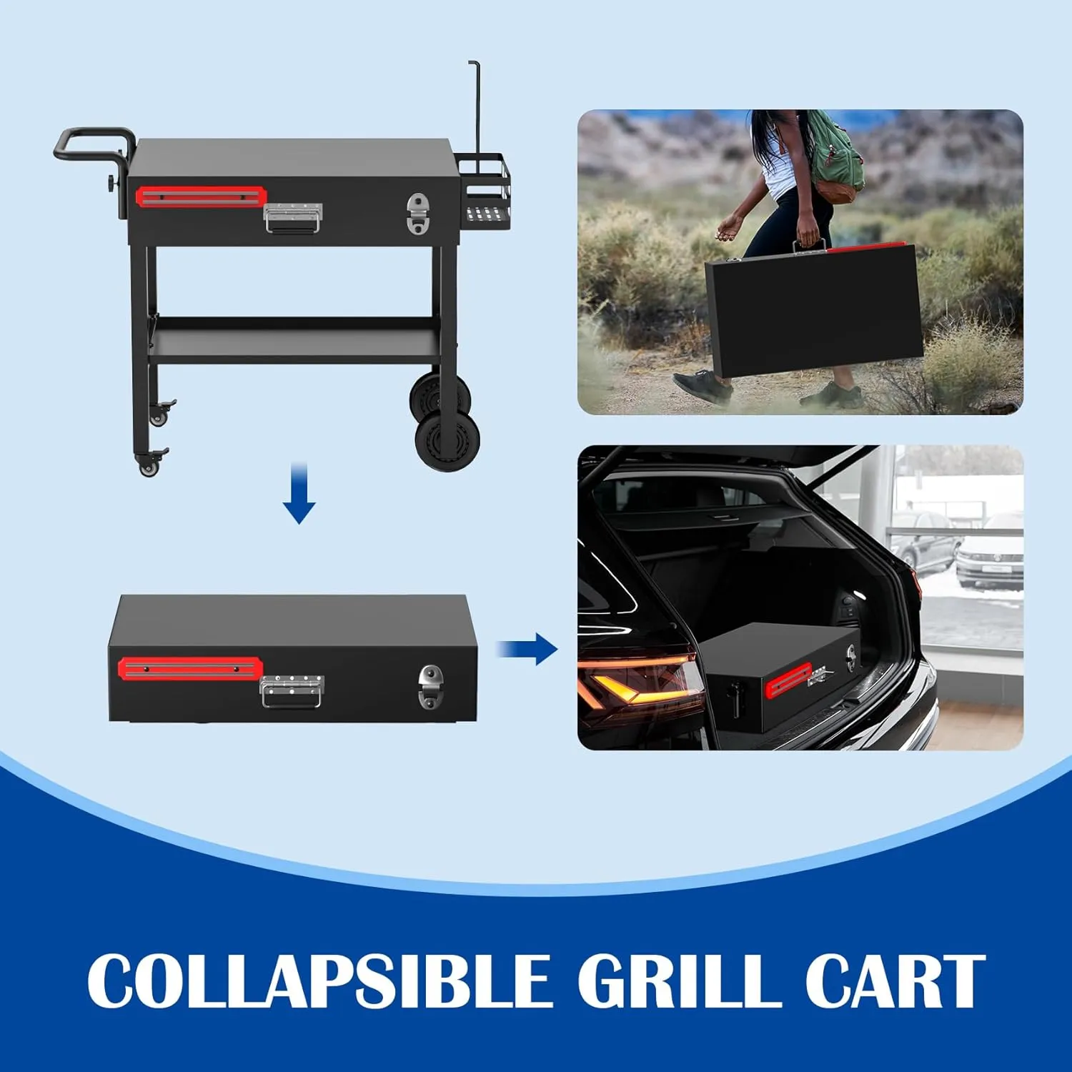 SafBbcue Outdoor Grill Table for Blackstone Griddle, Portable Grill Cart for Ninja Woodfire Pizza Oven Stand and more 17" or 22" Tabletop Grill, Collapsible BBQ Prep Cart on Wheels for Outdoor Camping