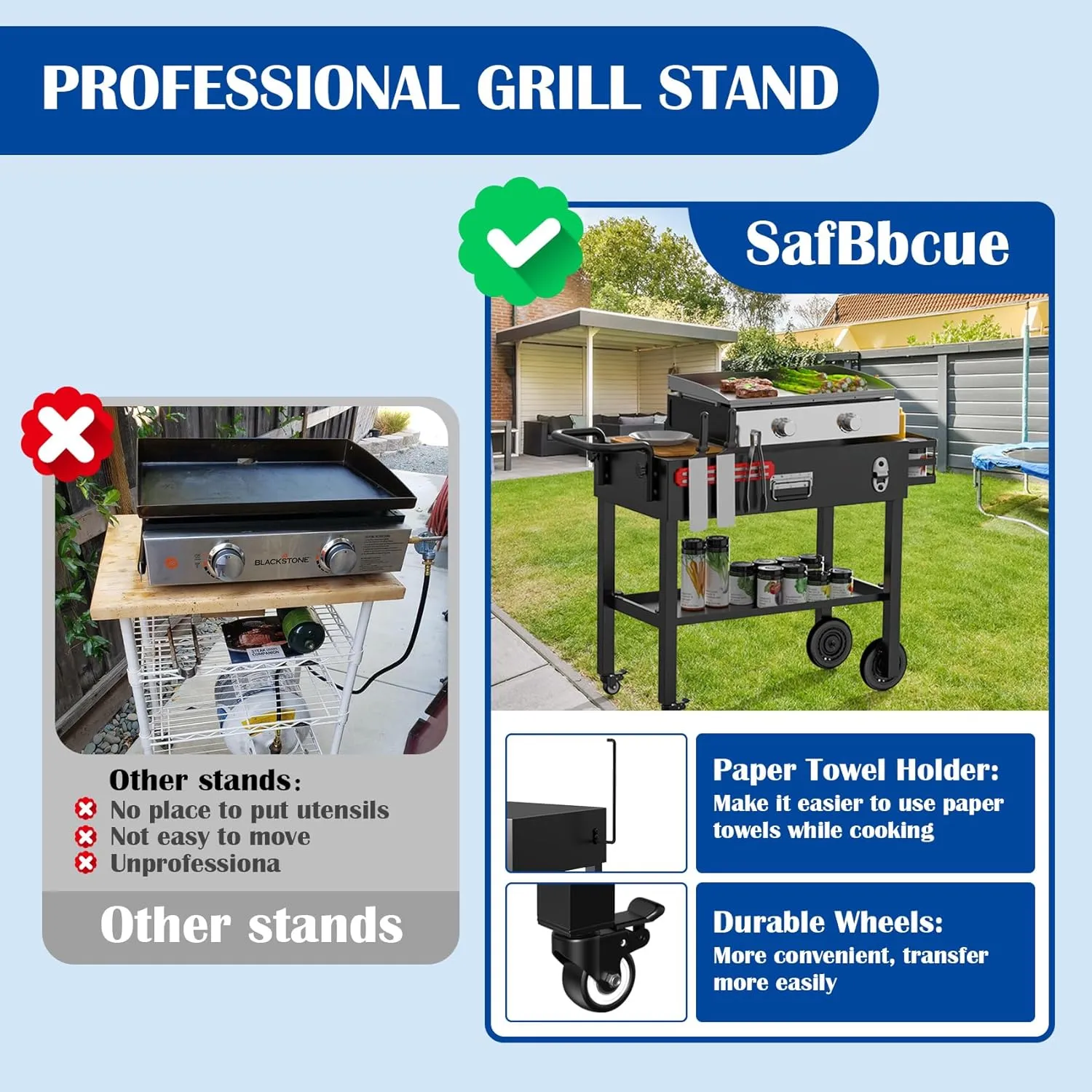 SafBbcue Outdoor Grill Table for Blackstone Griddle, Portable Grill Cart for Ninja Woodfire Pizza Oven Stand and more 17" or 22" Tabletop Grill, Collapsible BBQ Prep Cart on Wheels for Outdoor Camping