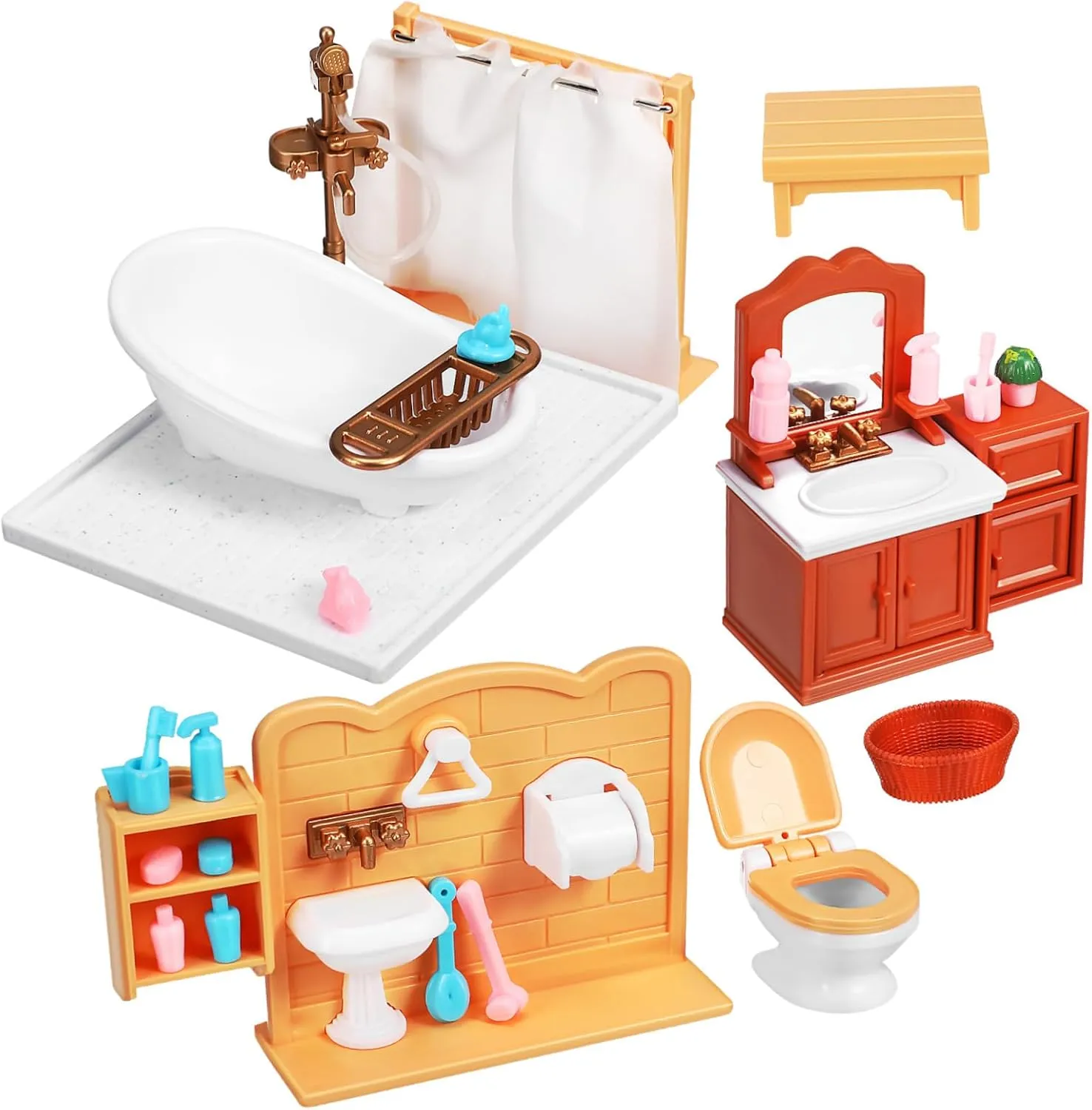 Safe Compact Miniature Bathroom Furniture Set Dollhouse Shower Room Decor for Boys and Girls