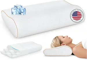 Sandwich Memory Foam Pillow for Sleeping - Ergonomic Cervical Cooling Pillows Queen Size, Adjustable Contour Pillow for Neck Pain Relief, Bed Pillow for Side, Back & Stomach Sleepers