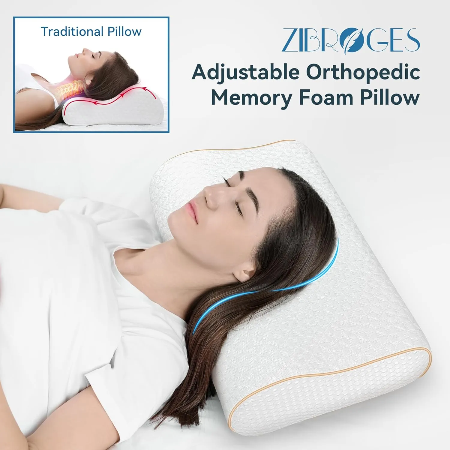 Sandwich Memory Foam Pillow for Sleeping - Ergonomic Cervical Cooling Pillows Queen Size, Adjustable Contour Pillow for Neck Pain Relief, Bed Pillow for Side, Back & Stomach Sleepers