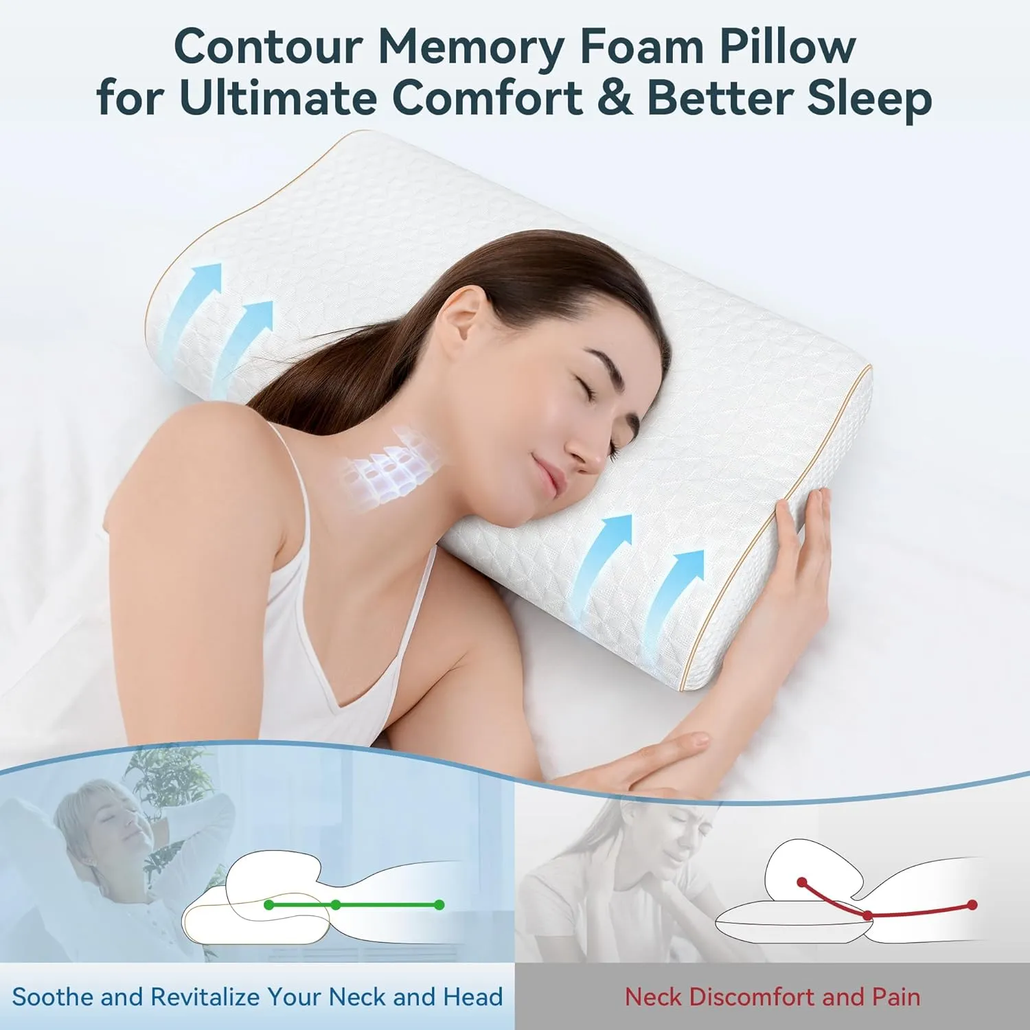 Sandwich Memory Foam Pillow for Sleeping - Ergonomic Cervical Cooling Pillows Queen Size, Adjustable Contour Pillow for Neck Pain Relief, Bed Pillow for Side, Back & Stomach Sleepers