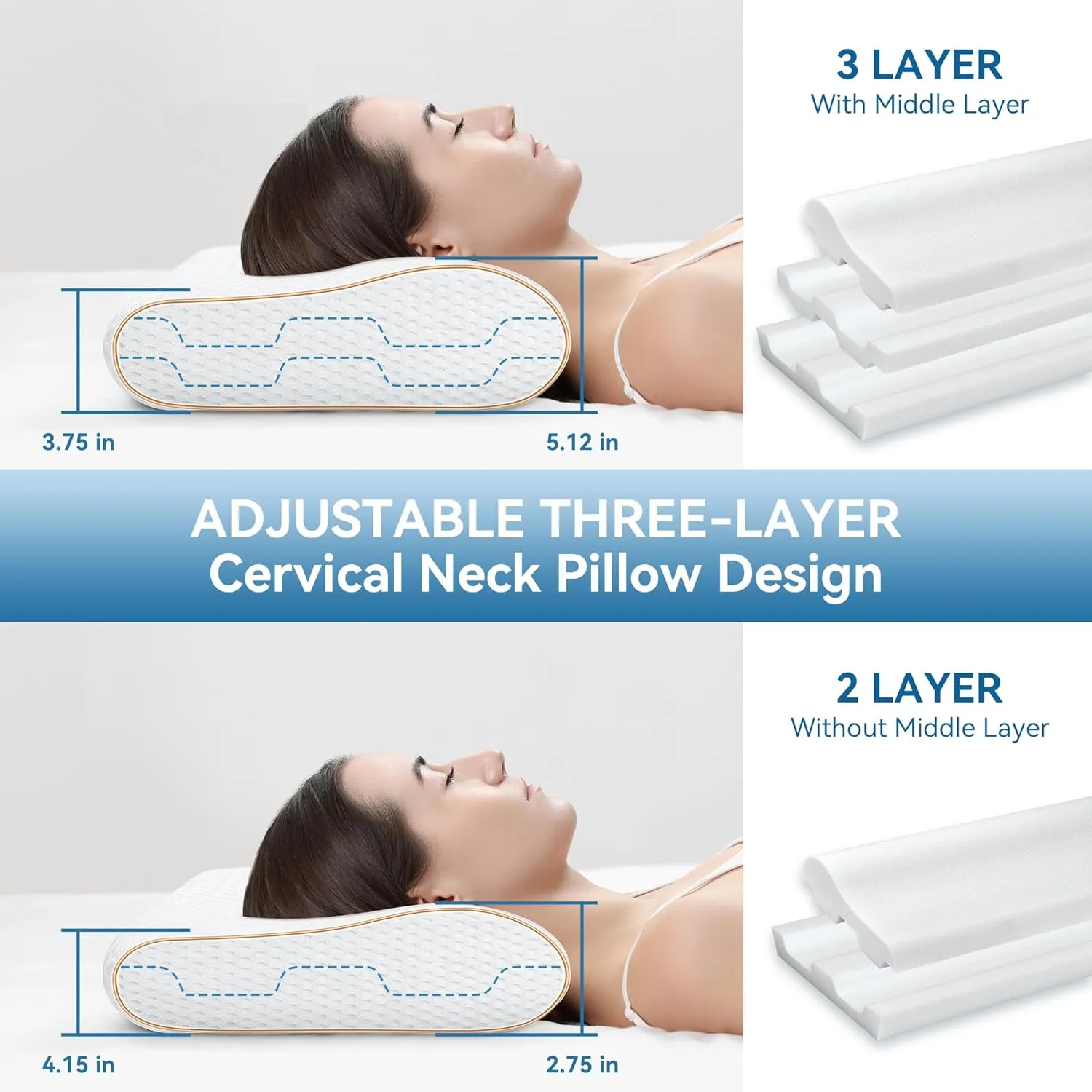 Sandwich Memory Foam Pillow for Sleeping - Ergonomic Cervical Cooling Pillows Queen Size, Adjustable Contour Pillow for Neck Pain Relief, Bed Pillow for Side, Back & Stomach Sleepers
