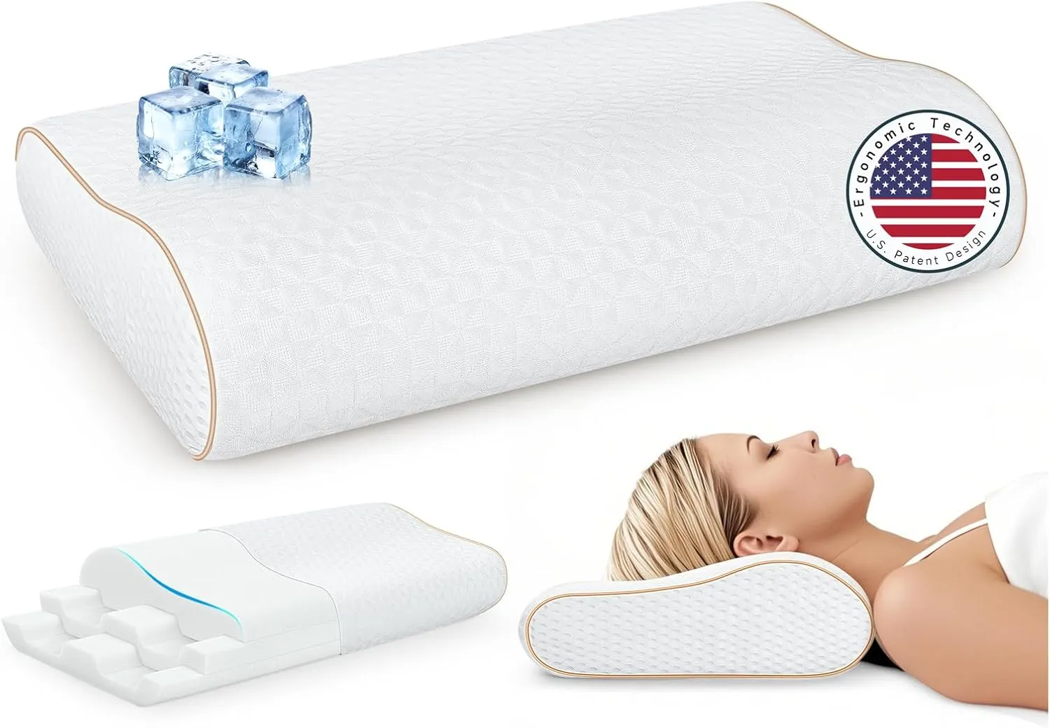 Sandwich Memory Foam Pillow for Sleeping - Ergonomic Cervical Cooling Pillows Queen Size, Adjustable Contour Pillow for Neck Pain Relief, Bed Pillow for Side, Back & Stomach Sleepers