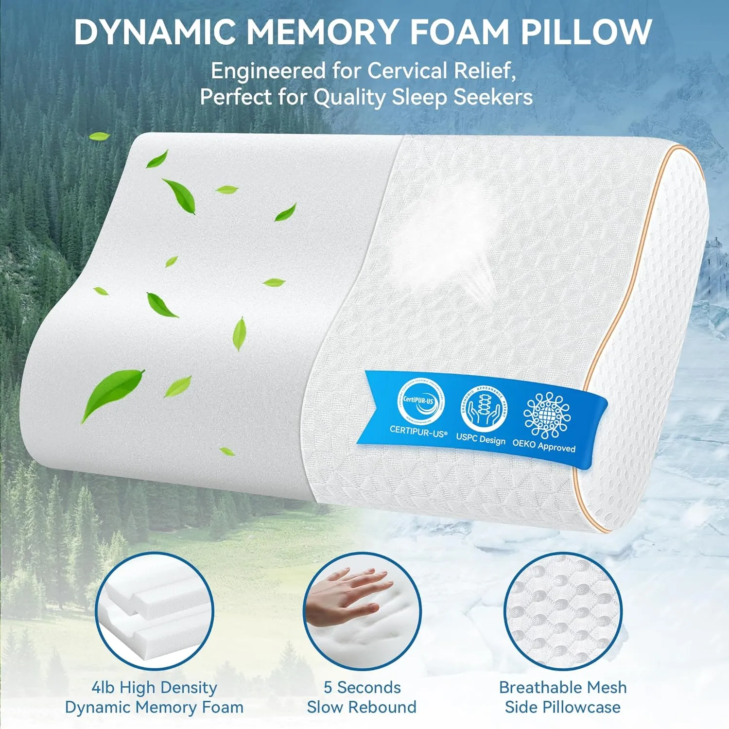 Sandwich Memory Foam Pillow for Sleeping - Ergonomic Cervical Cooling Pillows Queen Size, Adjustable Contour Pillow for Neck Pain Relief, Bed Pillow for Side, Back & Stomach Sleepers