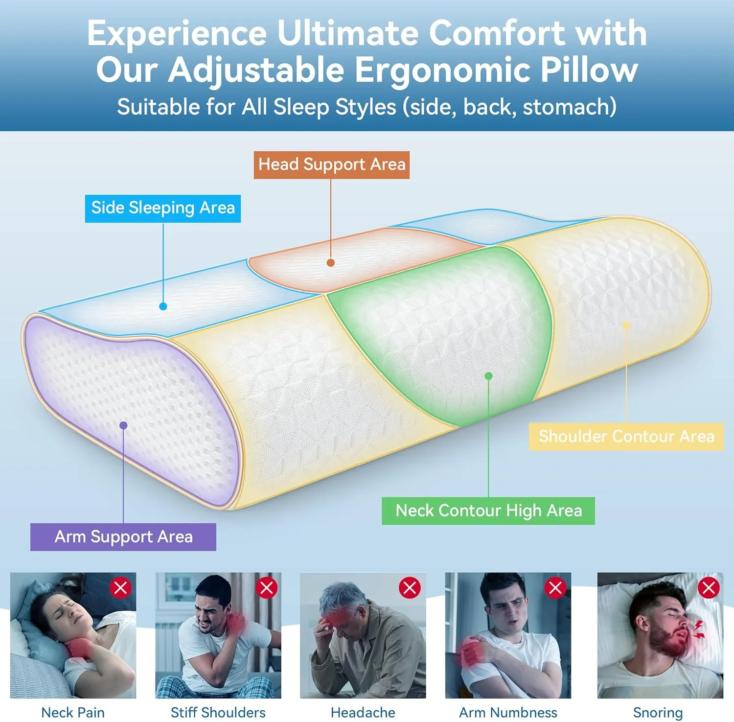 Sandwich Memory Foam Pillow for Sleeping - Ergonomic Cervical Cooling Pillows Queen Size, Adjustable Contour Pillow for Neck Pain Relief, Bed Pillow for Side, Back & Stomach Sleepers