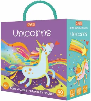 Sassi: Q-Box - Unicorns - Read-Play-Learn Mythical Set, 40pc Puzzle, Booklet, 10 Fantasy Figures, Storage Box, Interactive Educational Fun, Kids 4 
