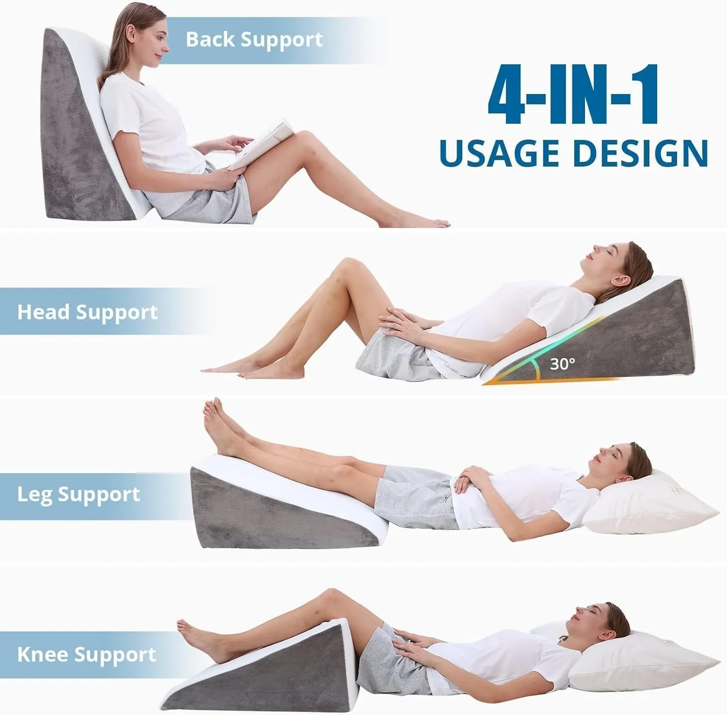 Sasttie Wedge Pillow, 12 Inch Memory Foam Bed Wedge Pillow for Sleeping, Acid Reflux, Back Pain, Post Surgery, and Snoring, Designed with Washable Cover, Cool Gray
