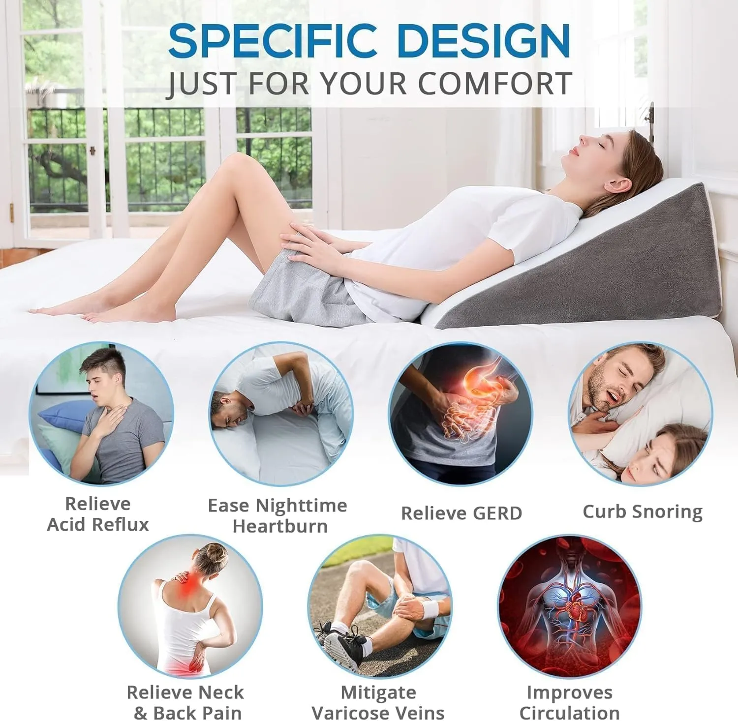 Sasttie Wedge Pillow, 12 Inch Memory Foam Bed Wedge Pillow for Sleeping, Acid Reflux, Back Pain, Post Surgery, and Snoring, Designed with Washable Cover, Cool Gray
