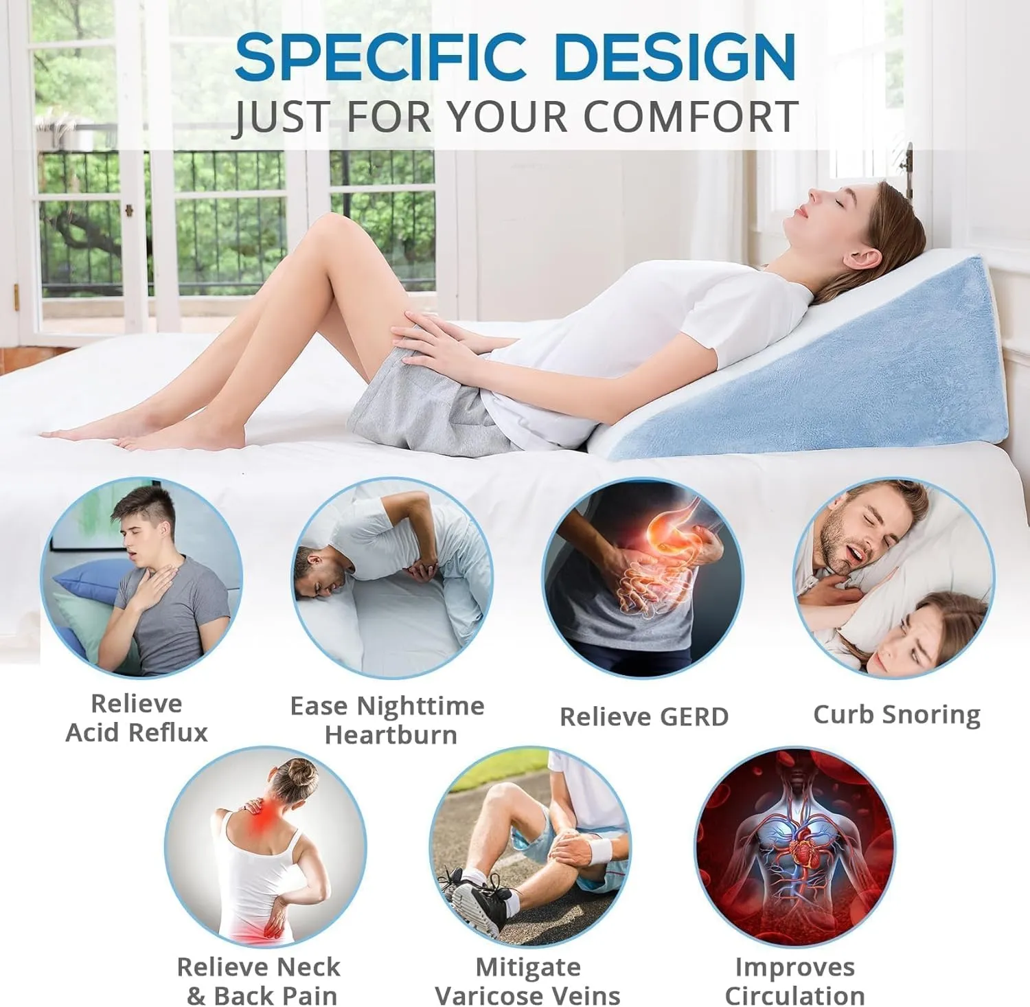 Sasttie Wedge Pillow, 12 Inch Memory Foam Bed Wedge Pillow for Sleeping, Acid Reflux, Back Pain, Post Surgery, and Snoring, Designed with Washable Cover, Sky Gray